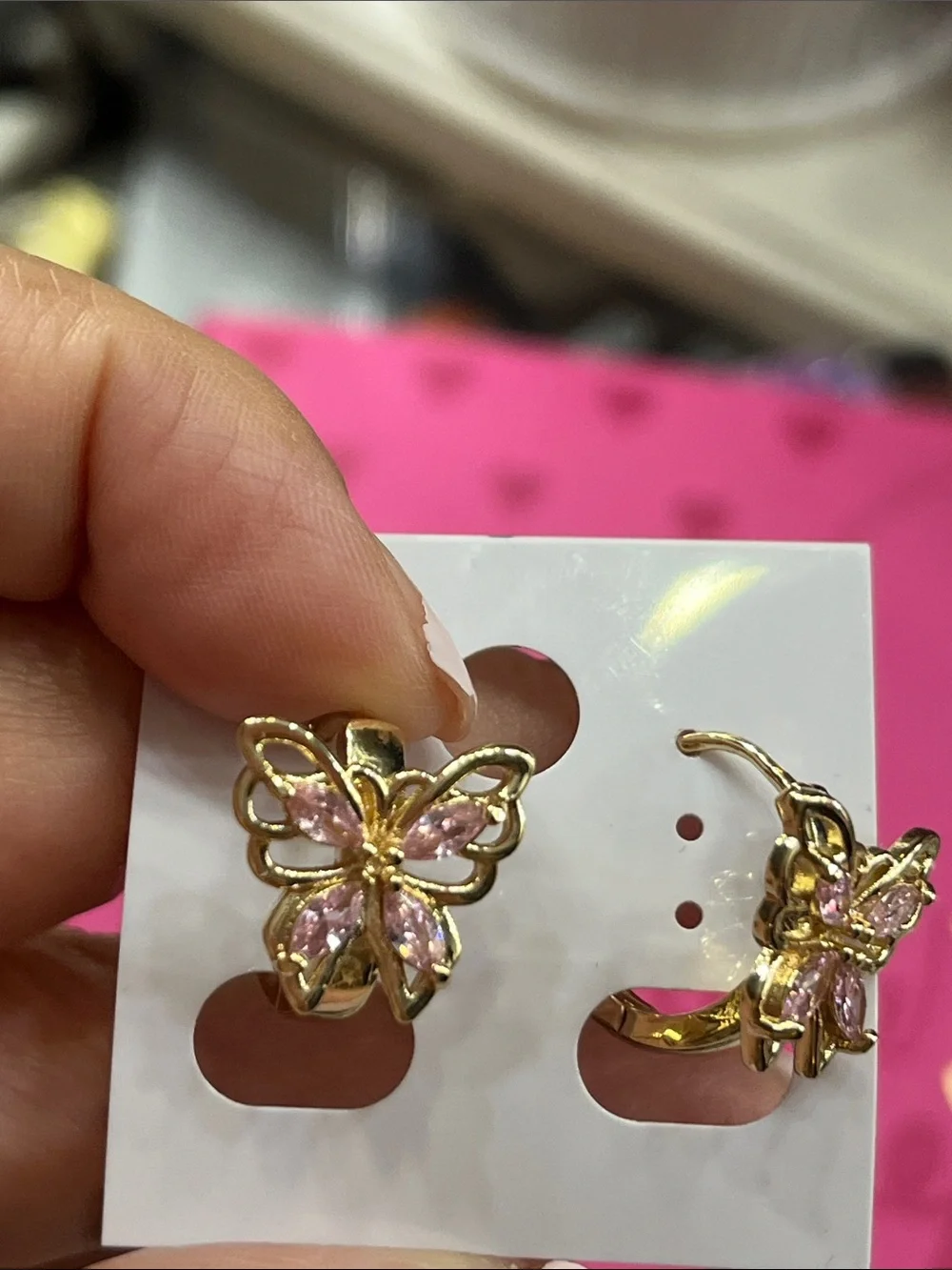 Gold Butterfly Clip-On Earrings with Pink Accents